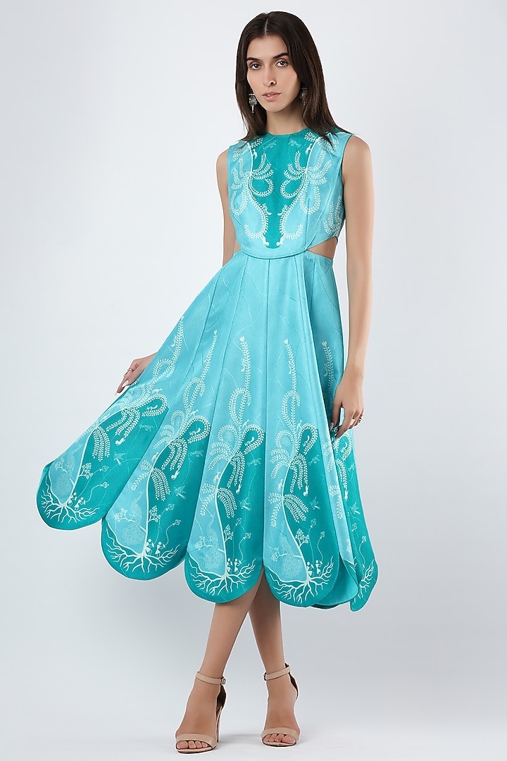 Teal Blue Textured Satin Hand Embroidered Midi Vacation Dress by Limerick By Abirr N' Nanki at Pernia's Pop Up Shop