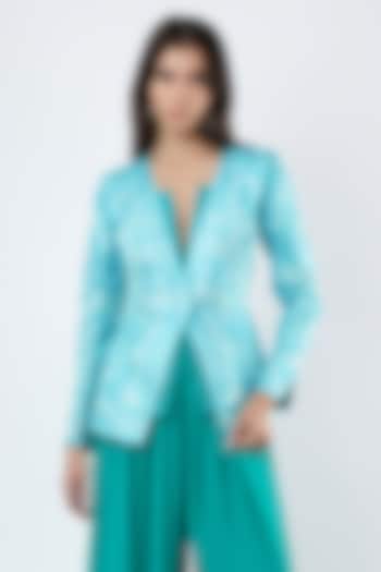 Teal Blue Textured Satin Embroidered Jacket by Limerick By Abirr N' Nanki at Pernia's Pop Up Shop