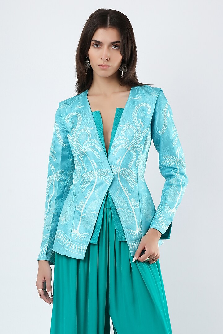 Teal Blue Textured Satin Embroidered Jacket by Limerick By Abirr N' Nanki at Pernia's Pop Up Shop