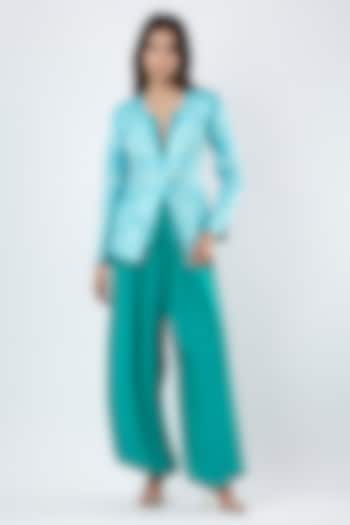 Teal Blue Georgette Pants by Limerick By Abirr N' Nanki at Pernia's Pop Up Shop