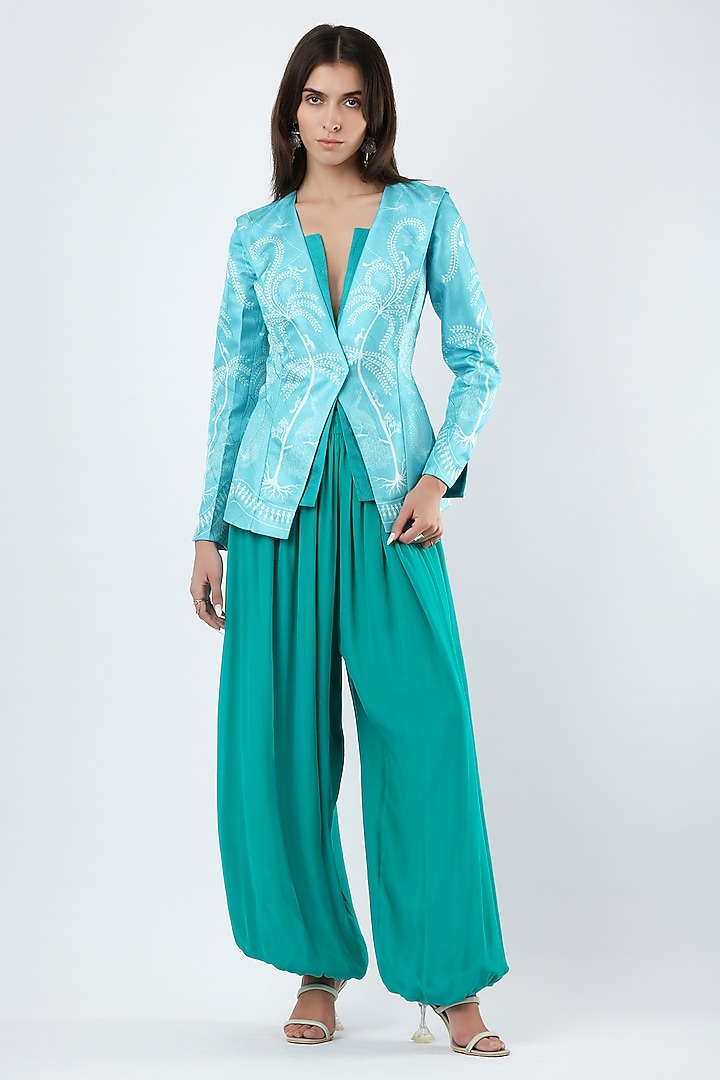 Teal Blue Georgette Pants by Limerick By Abirr N' Nanki at Pernia's Pop Up Shop