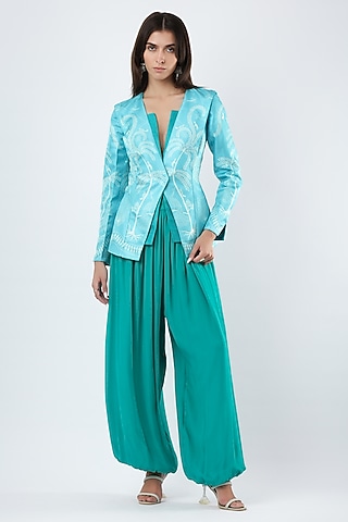 Teal Blue Georgette Pants by Limerick By Abirr N' Nanki