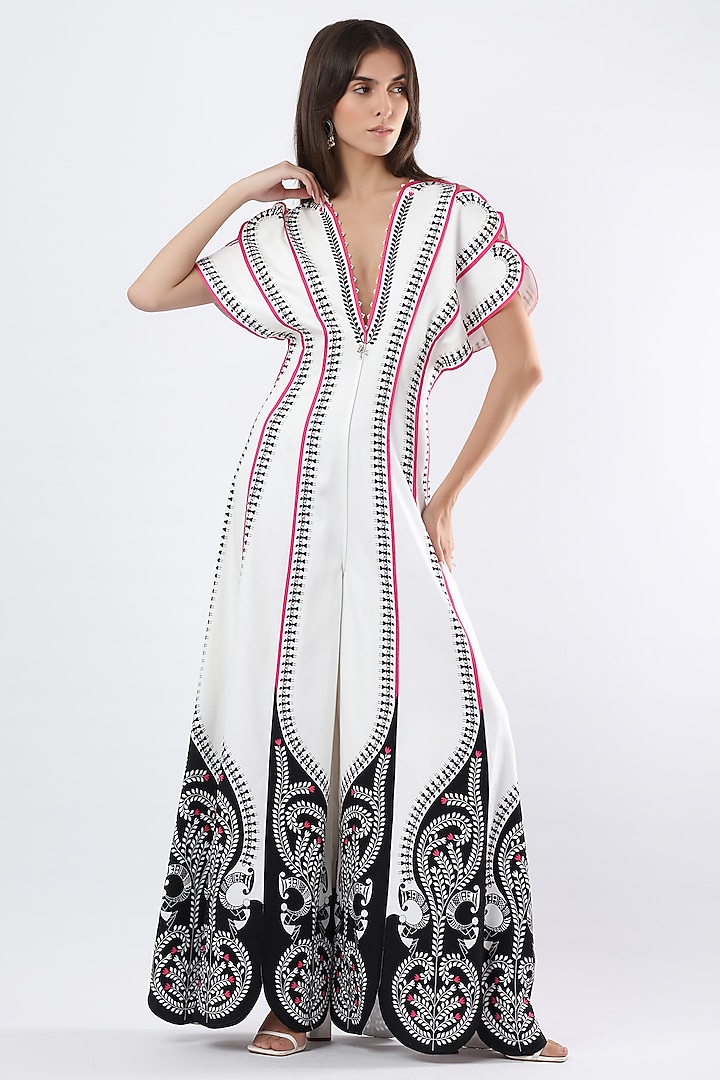 Ivory Cotton Satin Printed Jumpsuit by Limerick By Abirr N' Nanki at Pernia's Pop Up Shop