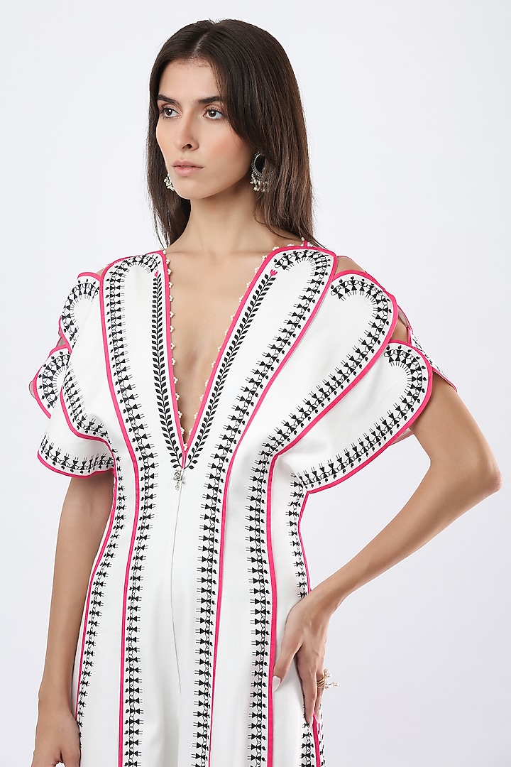 Ivory Cotton Satin Printed Jumpsuit by Limerick By Abirr N' Nanki at Pernia's Pop Up Shop
