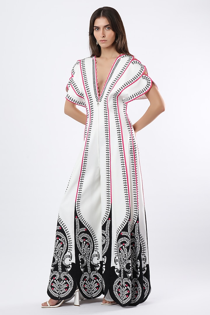 Ivory Cotton Satin Printed Jumpsuit by Limerick By Abirr N' Nanki at Pernia's Pop Up Shop