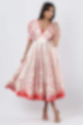 Ivory & Red Textured Satin Printed Midi Vacation Dress by Limerick By Abirr N' Nanki at Pernia's Pop Up Shop