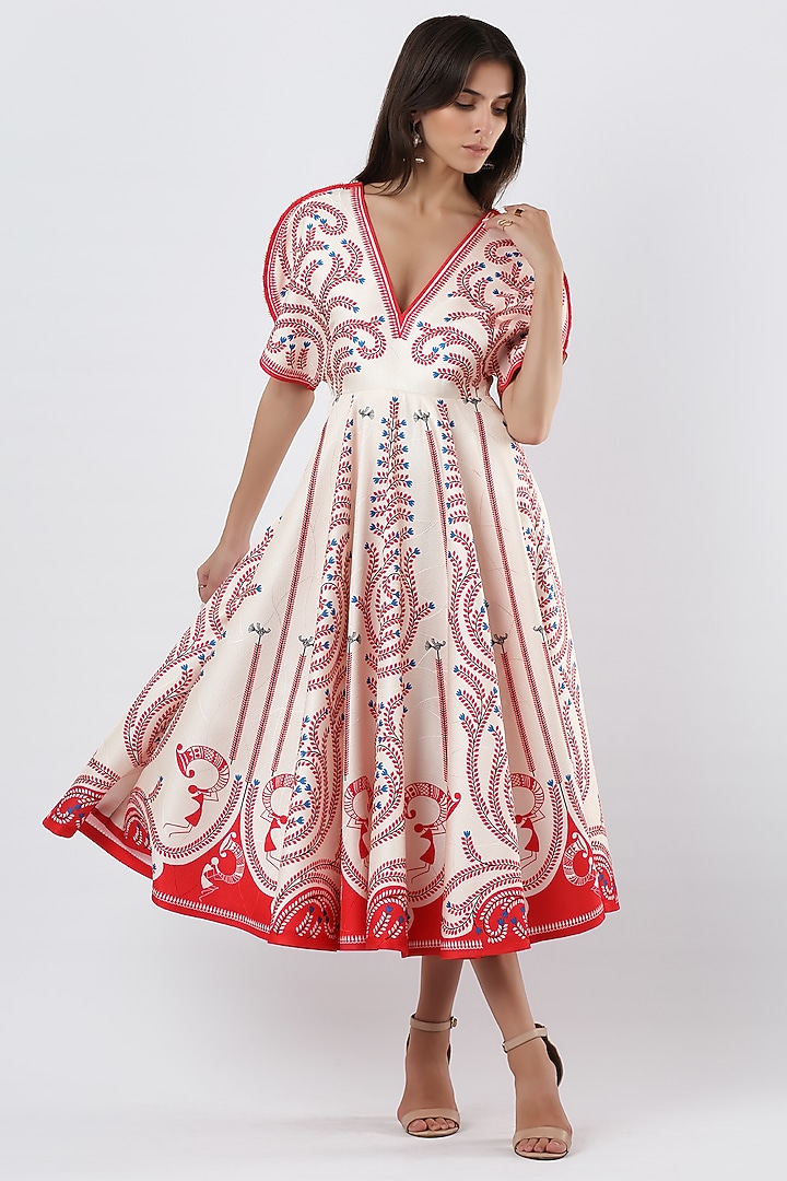 Ivory & Red Textured Satin Printed Midi Vacation Dress by Limerick By Abirr N' Nanki at Pernia's Pop Up Shop