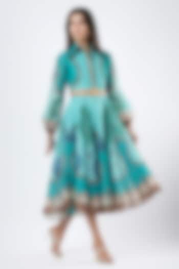 Teal Striped Organza Printed Flared Midi Vacation Dress by Limerick By Abirr N' Nanki at Pernia's Pop Up Shop