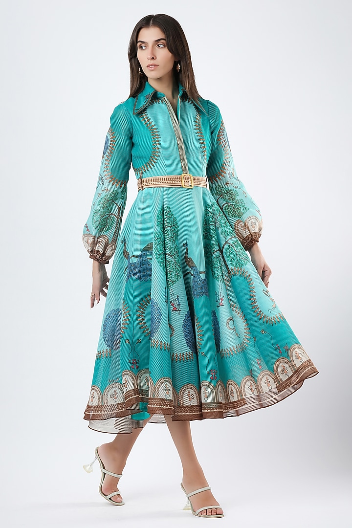 Teal Striped Organza Printed Flared Midi Vacation Dress by Limerick By Abirr N' Nanki at Pernia's Pop Up Shop