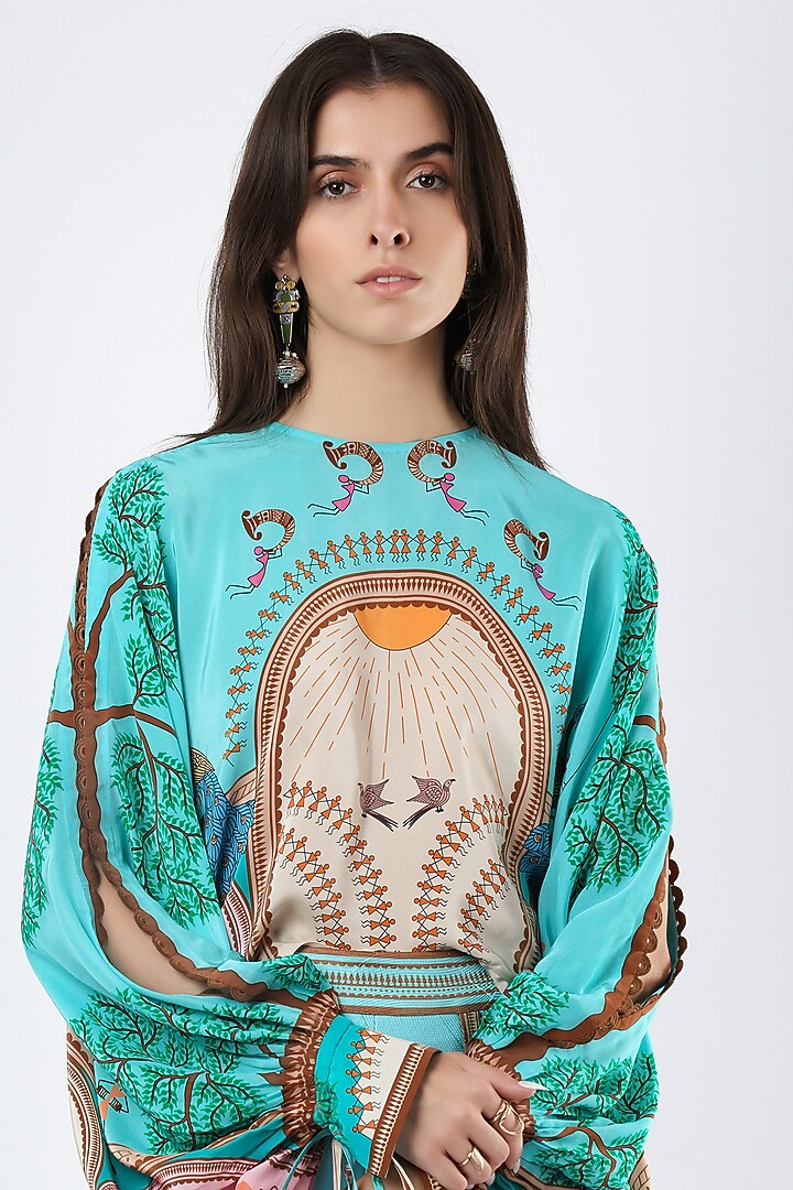 Teal Crepe Printed Statement Top by Limerick By Abirr N' Nanki at Pernia's Pop Up Shop