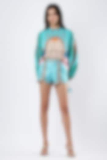 Teal Textured Satin Printed Shorts by Limerick By Abirr N' Nanki at Pernia's Pop Up Shop