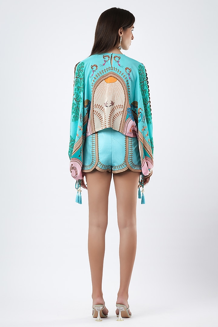 Teal Textured Satin Printed Shorts by Limerick By Abirr N' Nanki at Pernia's Pop Up Shop