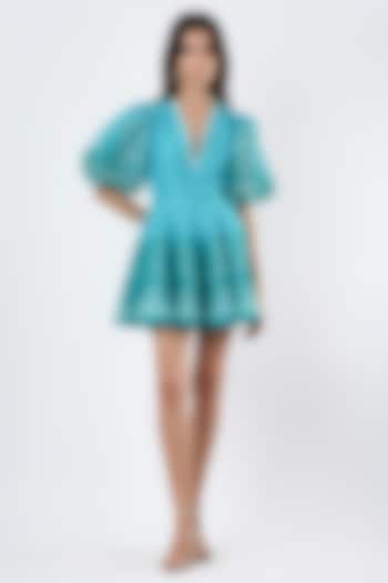 Teal Striped Organza Hand Embroidered Mini Vacation Dress by Limerick By Abirr N' Nanki at Pernia's Pop Up Shop