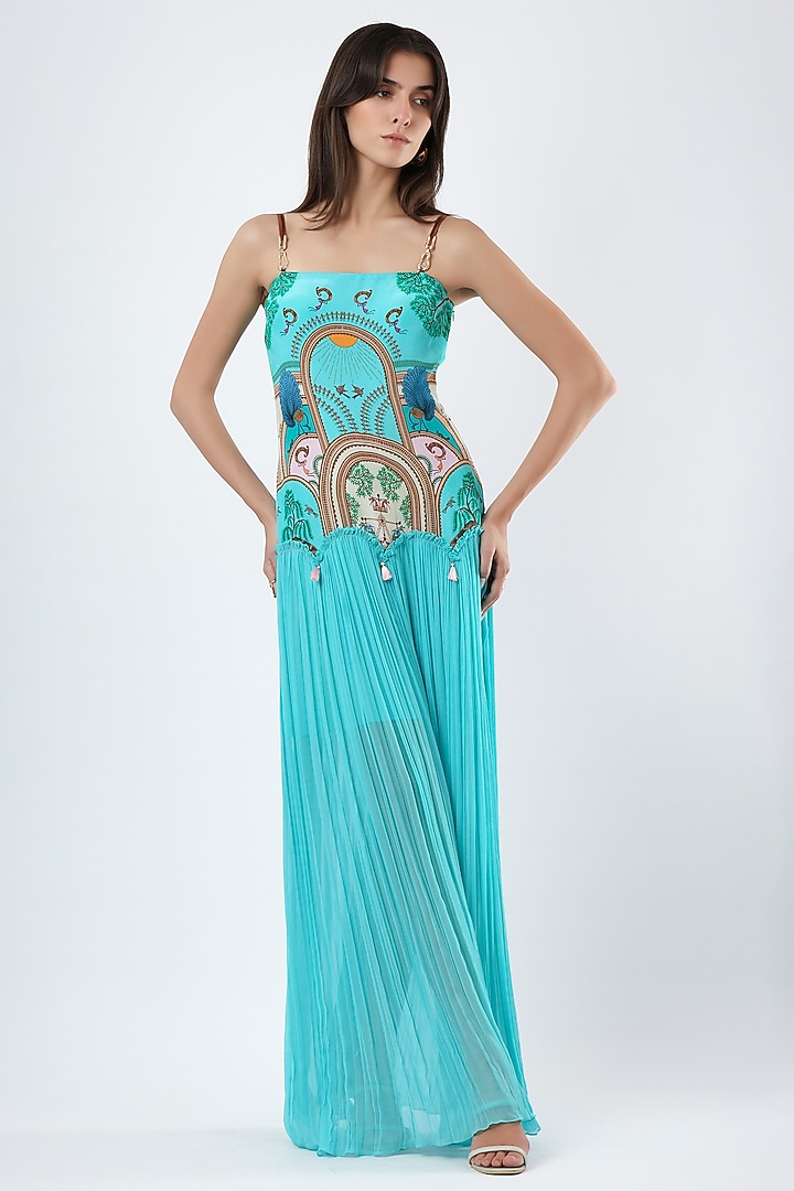 Teal Crepe Thread Embroidered Maxi Vacation Dress by Limerick By Abirr N' Nanki at Pernia's Pop Up Shop