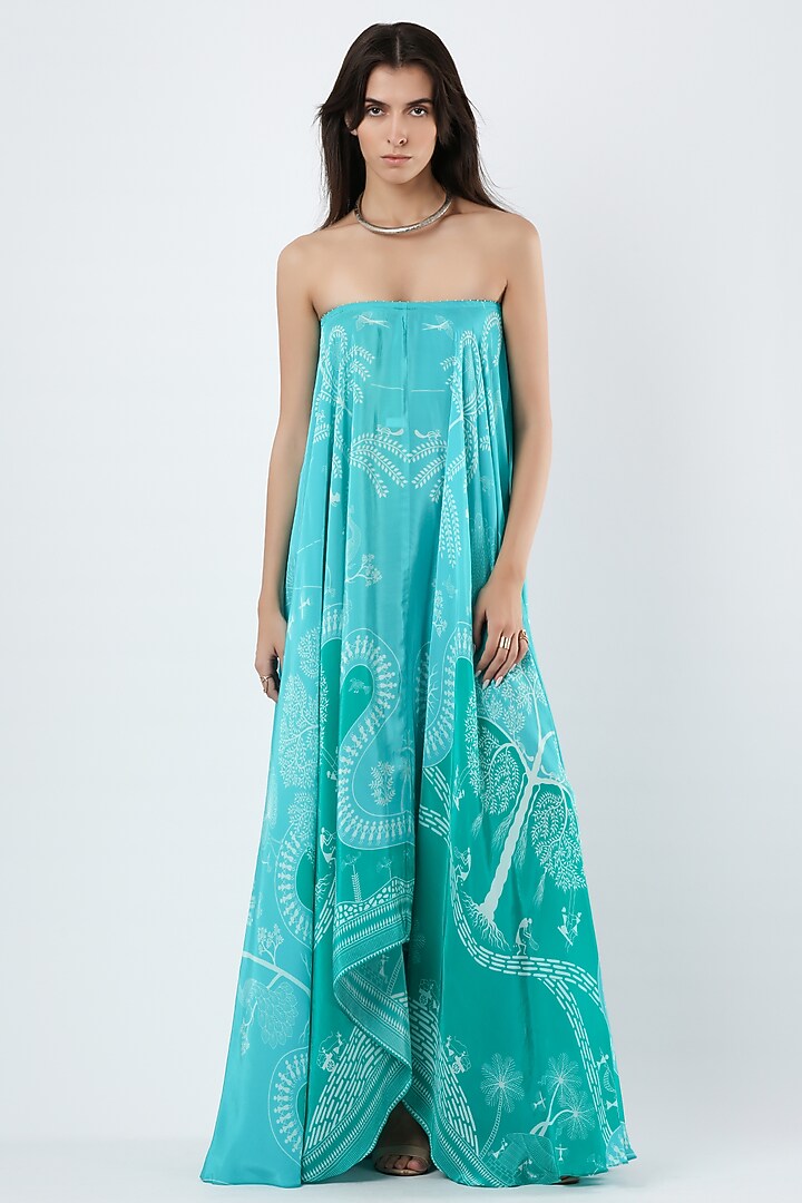 Teal Crepe Printed Maxi Vacation Dress by Limerick By Abirr N' Nanki at Pernia's Pop Up Shop