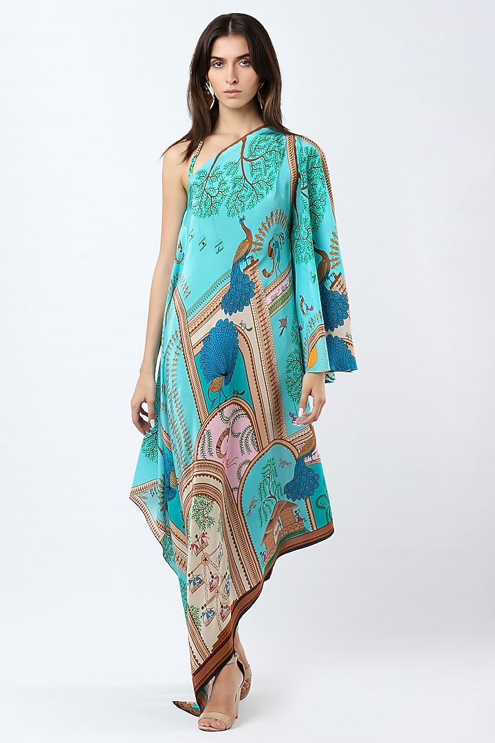Teal Crepe Printed Asymmetric Maxi Summer Dress by Limerick By Abirr N' Nanki at Pernia's Pop Up Shop