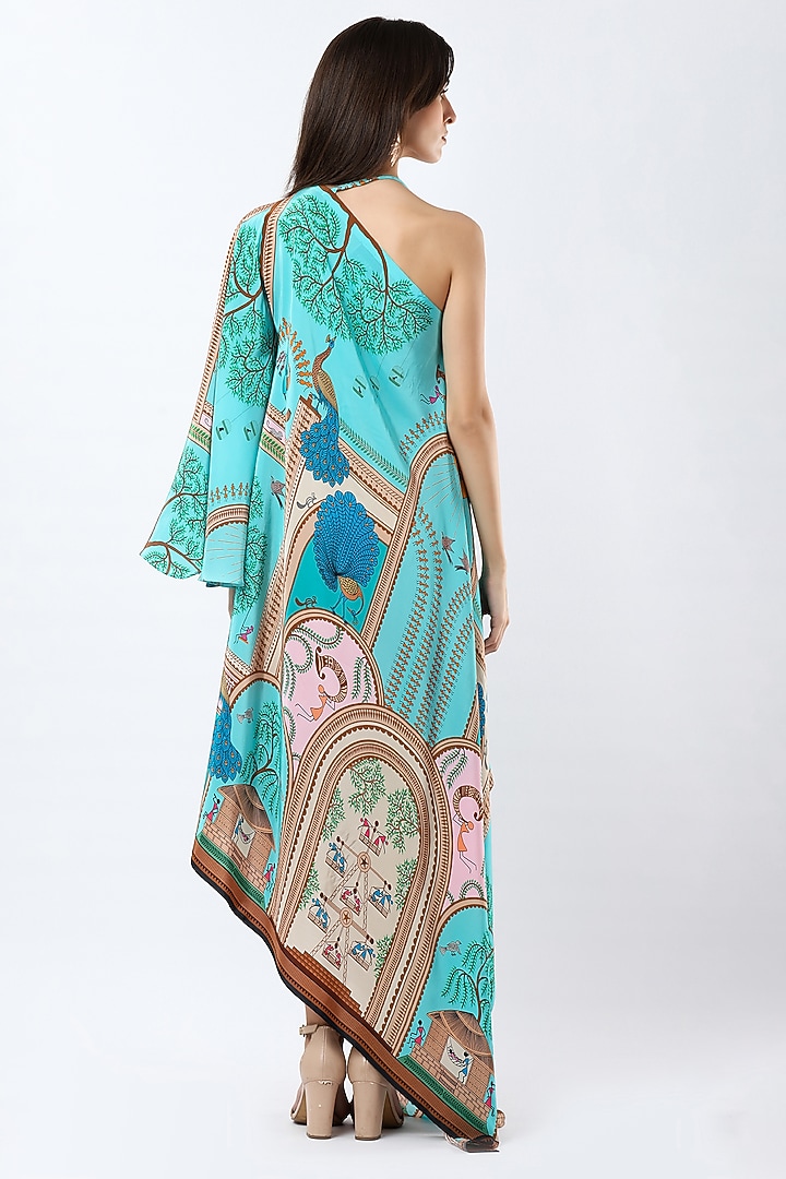 Teal Crepe Printed Asymmetric Maxi Summer Dress by Limerick By Abirr N' Nanki at Pernia's Pop Up Shop