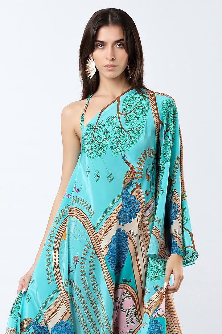Teal Crepe Printed Asymmetric Maxi Summer Dress by Limerick By Abirr N' Nanki at Pernia's Pop Up Shop