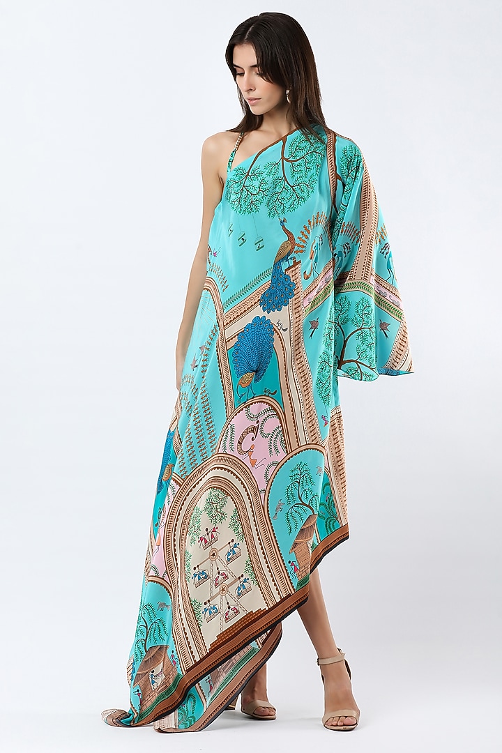 Teal Crepe Printed Asymmetric Maxi Summer Dress by Limerick By Abirr N' Nanki at Pernia's Pop Up Shop