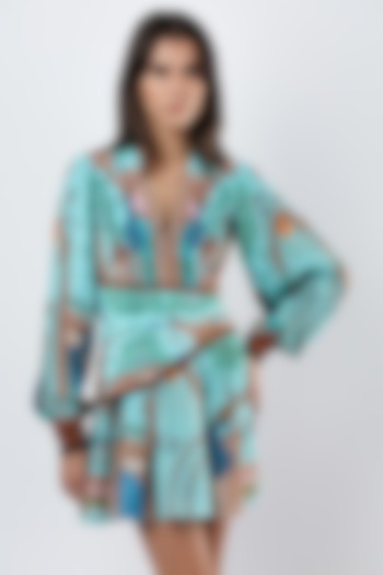 Teal Crepe Printed Mini Vacation Dress by Limerick By Abirr N' Nanki at Pernia's Pop Up Shop