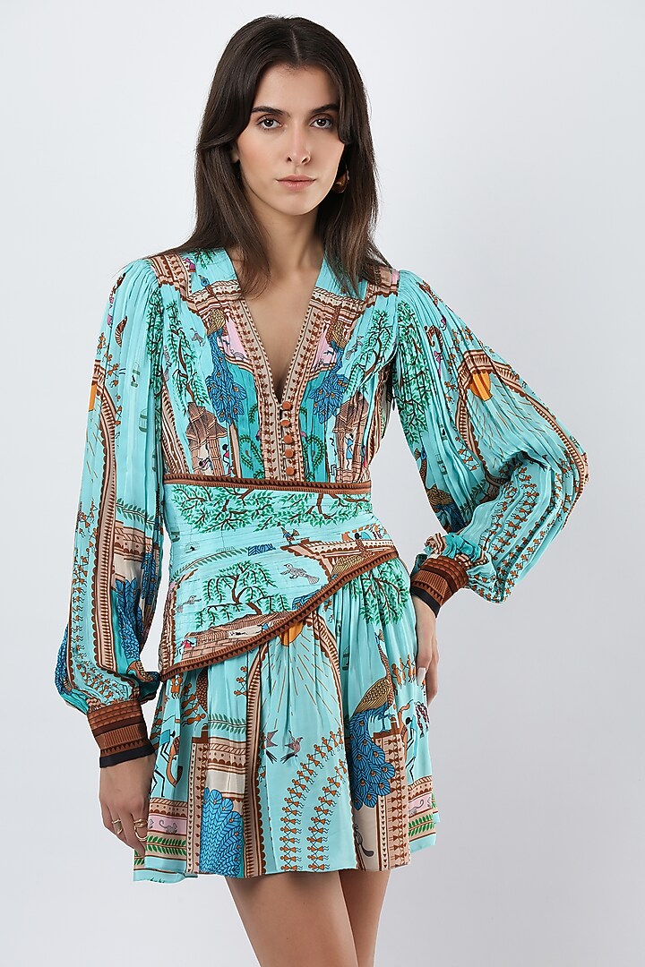 Teal Crepe Printed Mini Vacation Dress by Limerick By Abirr N' Nanki at Pernia's Pop Up Shop