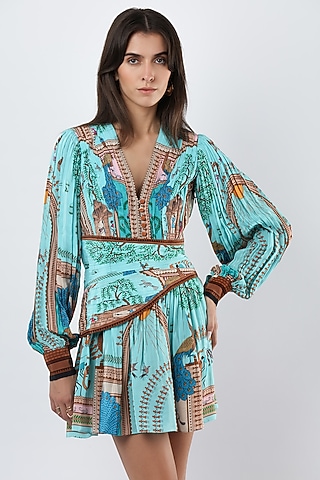 Teal Crepe Printed Mini Dress by Limerick By Abirr N' Nanki