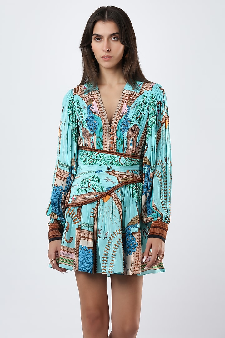 Teal Crepe Printed Mini Vacation Dress by Limerick By Abirr N' Nanki at Pernia's Pop Up Shop