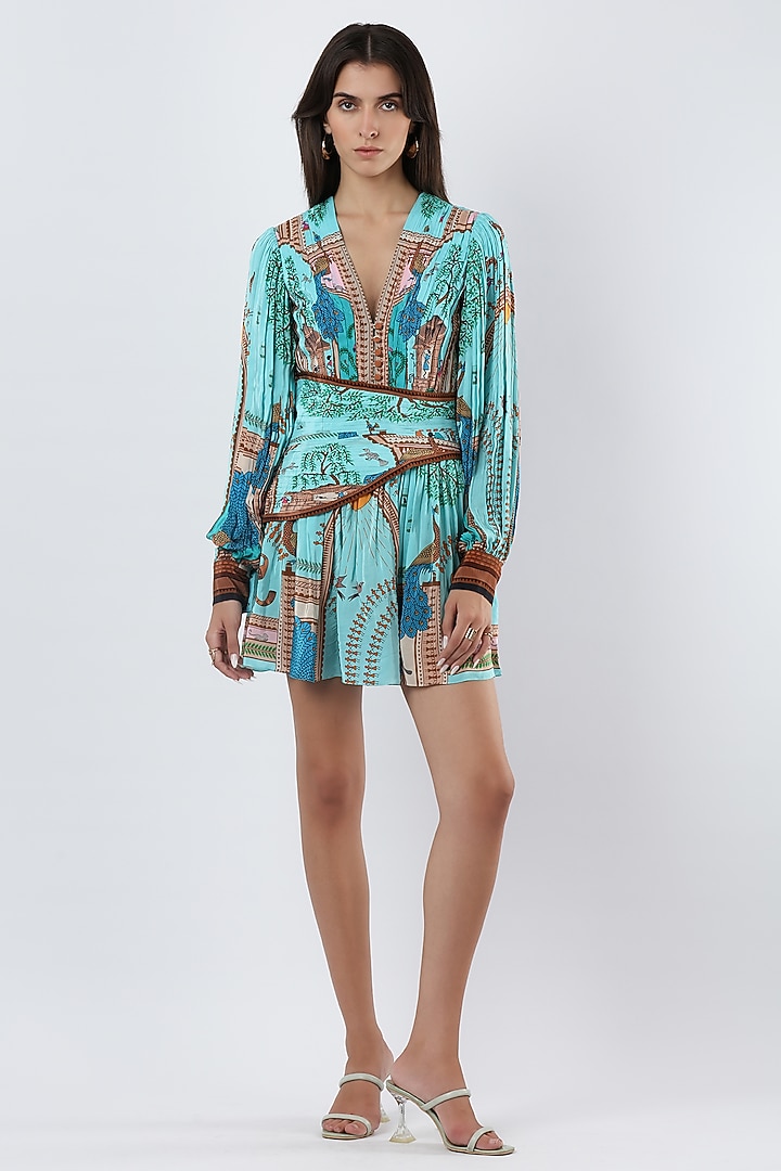 Teal Crepe Printed Mini Vacation Dress by Limerick By Abirr N' Nanki at Pernia's Pop Up Shop
