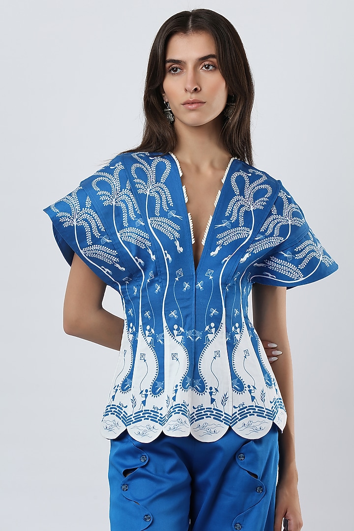 Cobalt Blue Cotton Satin Printed Top by Limerick By Abirr N' Nanki at Pernia's Pop Up Shop