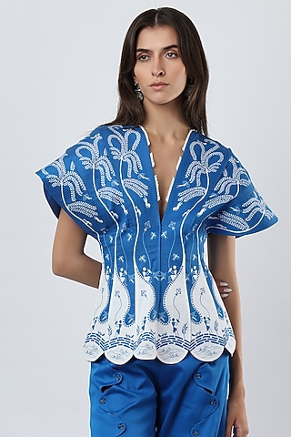 Cobalt Blue Cotton Satin Printed Top by Limerick By Abirr N' Nanki