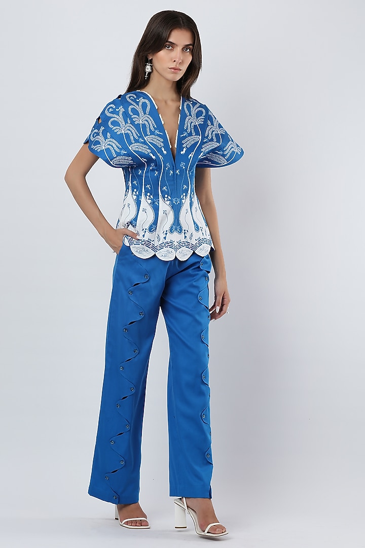 Cobalt Blue Cotton Satin Printed Top by Limerick By Abirr N' Nanki at Pernia's Pop Up Shop
