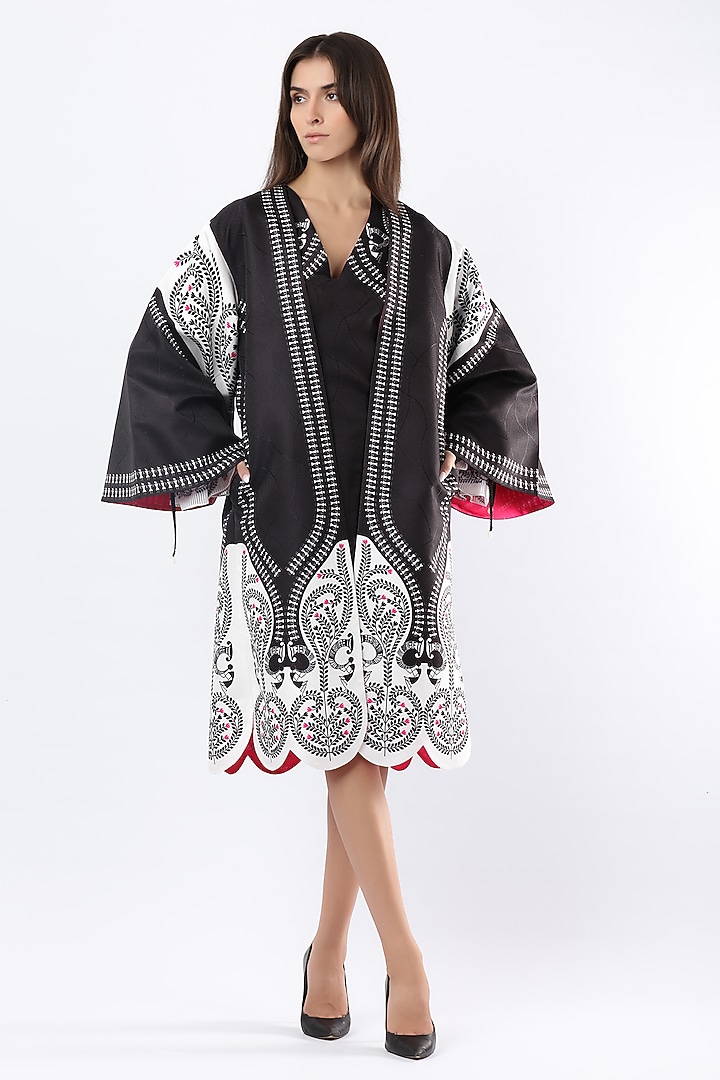 Black Textured Satin Printed Jacket by Limerick By Abirr N' Nanki at Pernia's Pop Up Shop