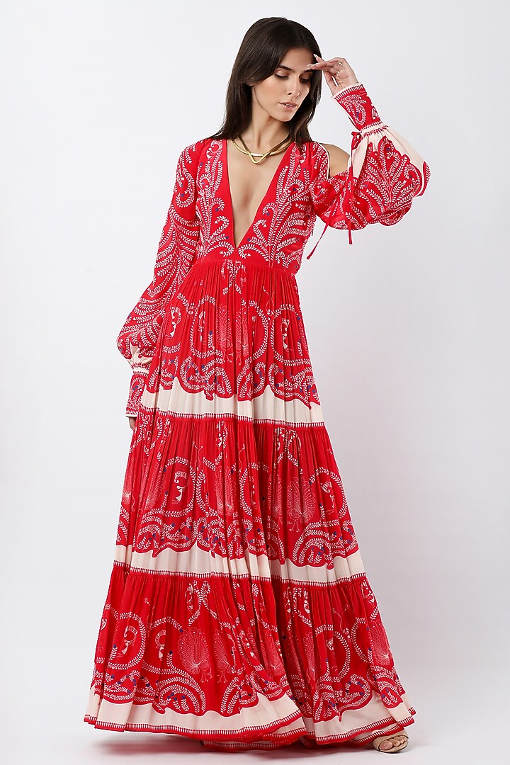 Red Crepe Printed Maxi Vacation Dress by Limerick By Abirr N' Nanki at Pernia's Pop Up Shop