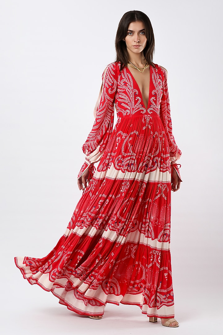 Red Crepe Printed Maxi Vacation Dress by Limerick By Abirr N' Nanki at Pernia's Pop Up Shop