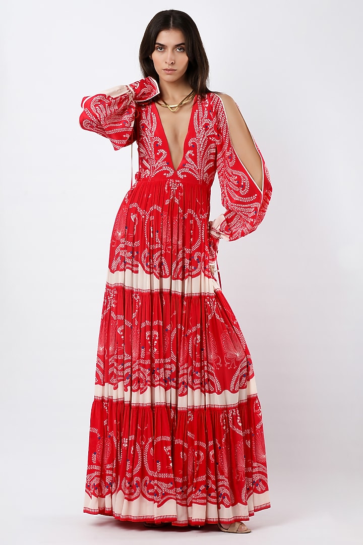 Red Crepe Printed Maxi Vacation Dress by Limerick By Abirr N' Nanki at Pernia's Pop Up Shop
