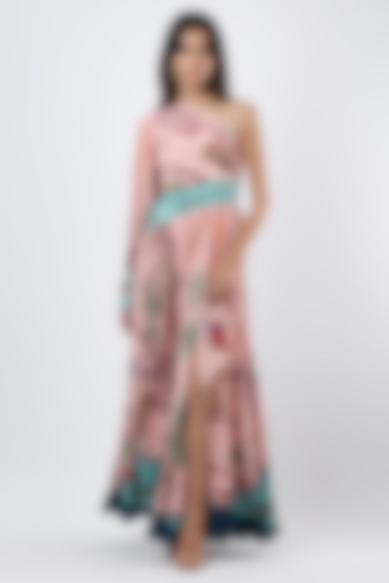 Blush Pink Crepe Printed One-Shoulder Maxi Vacation Dress by Limerick By Abirr N' Nanki at Pernia's Pop Up Shop