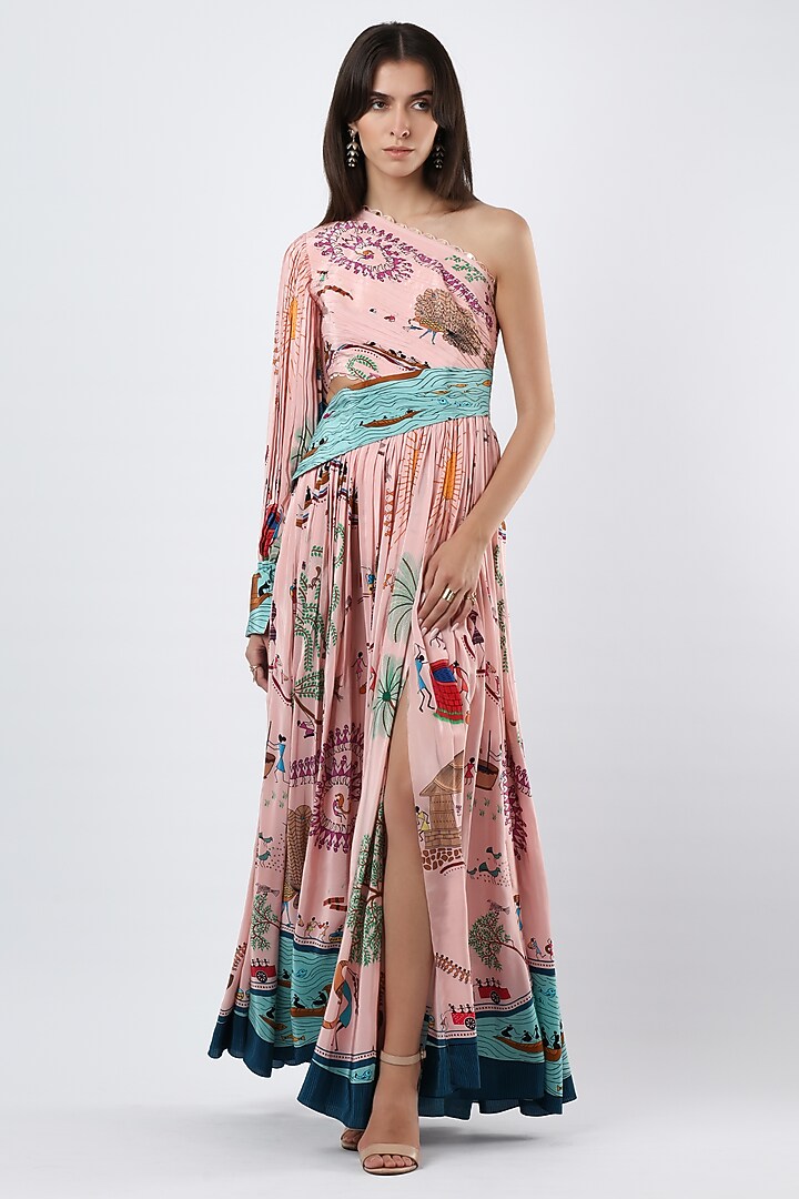 Blush Pink Crepe Printed One-Shoulder Maxi Vacation Dress by Limerick By Abirr N' Nanki at Pernia's Pop Up Shop