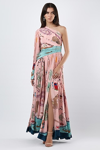 Blush Pink Crepe Printed One-Shoulder Maxi Dress by Limerick By Abirr N' Nanki