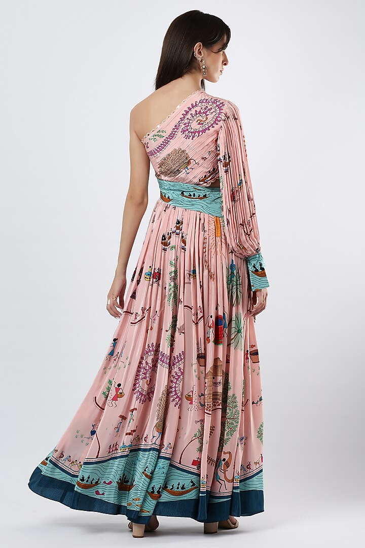 Blush Pink Crepe Printed One-Shoulder Maxi Vacation Dress by Limerick By Abirr N' Nanki at Pernia's Pop Up Shop