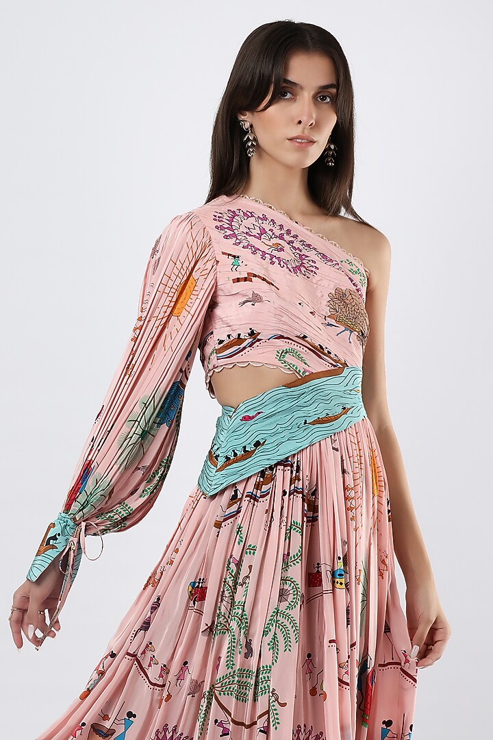 Blush Pink Crepe Printed One-Shoulder Maxi Vacation Dress by Limerick By Abirr N' Nanki at Pernia's Pop Up Shop