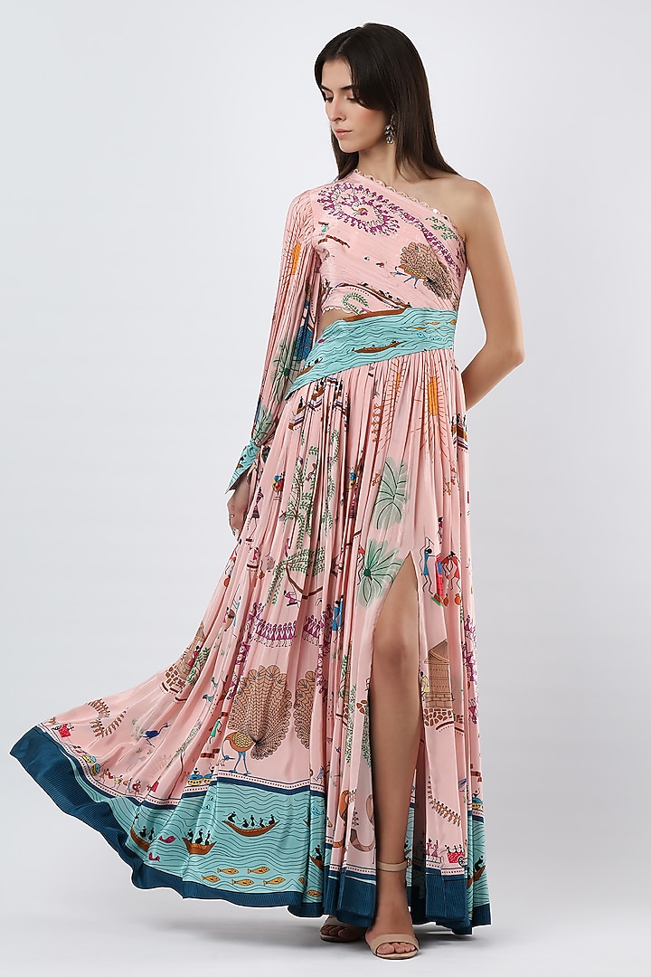 Blush Pink Crepe Printed One-Shoulder Maxi Vacation Dress by Limerick By Abirr N' Nanki at Pernia's Pop Up Shop