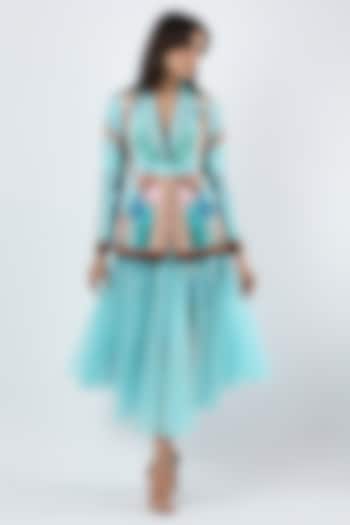 Teal Blue Crepe Printed Jacket by Limerick By Abirr N' Nanki at Pernia's Pop Up Shop