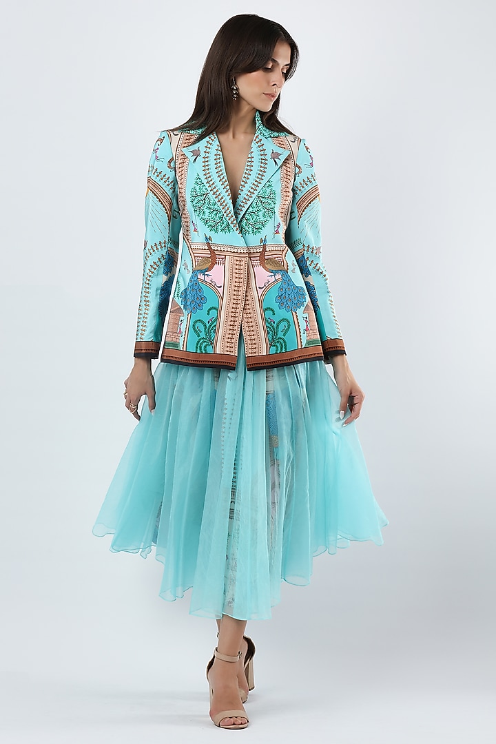Teal Blue Crepe Printed Jacket by Limerick By Abirr N' Nanki at Pernia's Pop Up Shop