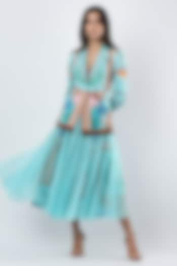 Teal Blue Georgette Printed Midi Skirt by Limerick By Abirr N' Nanki at Pernia's Pop Up Shop