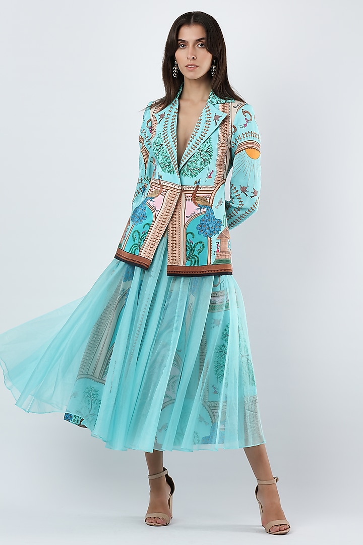 Teal Blue Georgette Printed Midi Skirt by Limerick By Abirr N' Nanki at Pernia's Pop Up Shop