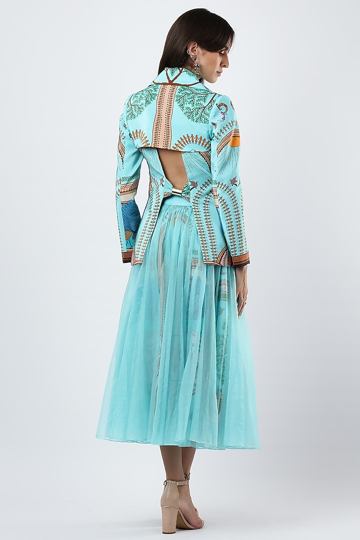 Teal Blue Georgette Printed Midi Skirt by Limerick By Abirr N' Nanki at Pernia's Pop Up Shop