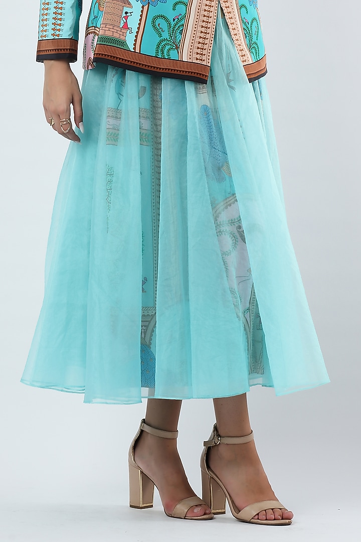 Teal Blue Georgette Printed Midi Skirt by Limerick By Abirr N' Nanki at Pernia's Pop Up Shop