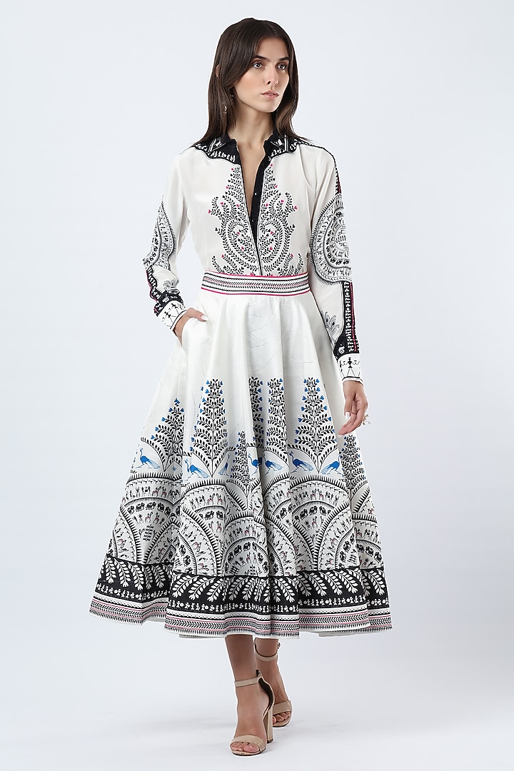 Ivory Textured Satin Printed Midi Skirt Set by Limerick By Abirr N' Nanki at Pernia's Pop Up Shop