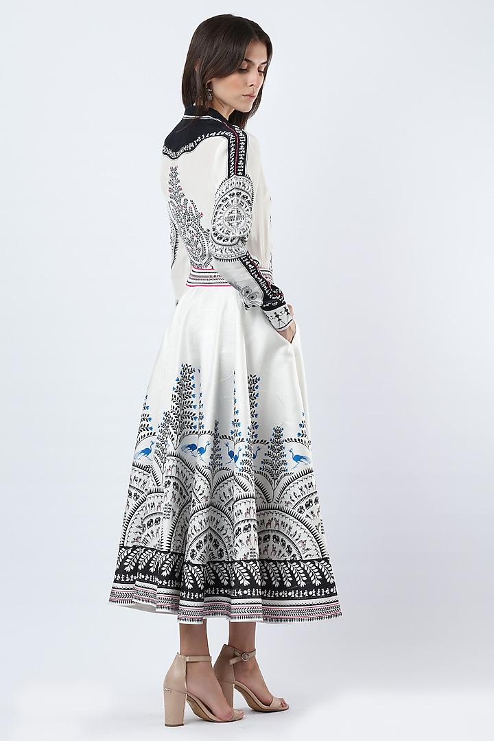 Ivory Textured Satin Printed Midi Skirt Set by Limerick By Abirr N' Nanki at Pernia's Pop Up Shop