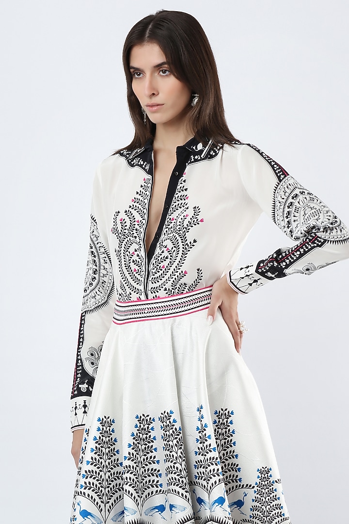 Ivory Textured Satin Printed Midi Skirt Set by Limerick By Abirr N' Nanki at Pernia's Pop Up Shop